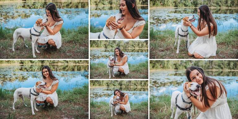 senior girl with her dog by a lake