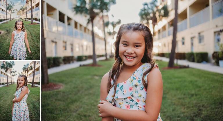 girl between beach buildings with palm trees