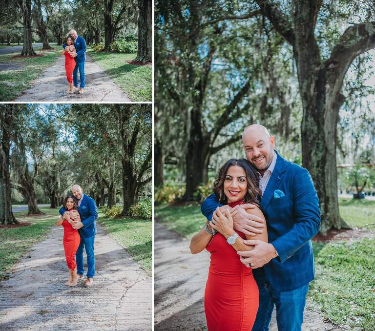 beautiful nice dressed couple on tree lined path