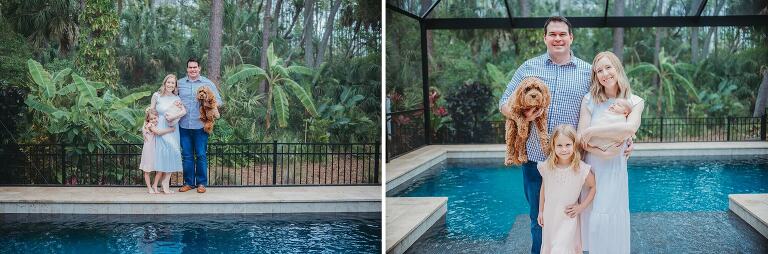 family with new baby by pool